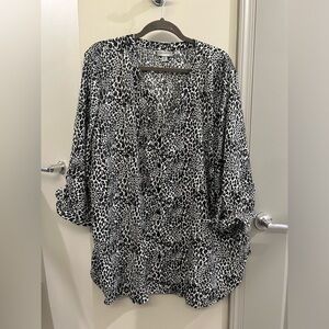Catherine’s Button Down Top Women’s 3X Cheetah Print Black White 3/4 Sleeve